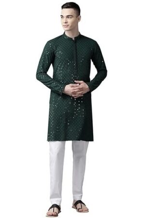 Men Mandarin Collar Black Floral Embroidered Sequined Rayon Full Sleeve Kurta With pyjama