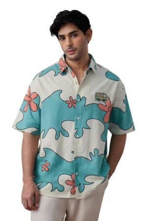 The Souled Store Scooby Doo: Mystery Machine Men and Boys Short Sleeve Spread Collar Off-White and Blue All Over Printed Drop Shoulder Streetwear Casual Cotton Oversized Shirts