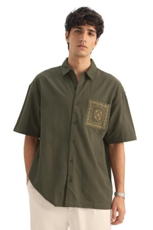The Souled Store Textured Shirt: Indie Olive Men and Boys Short Sleeve Spread Collar Button Front Dark Green Embroidered Cotton Regular Fit Holiday Shirts
