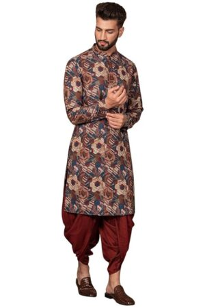 KISAH Men's Kurta Dhoti Set, Multi Cotton Blend, Printed Regular Fit Mandarin Collar Long Sleeves