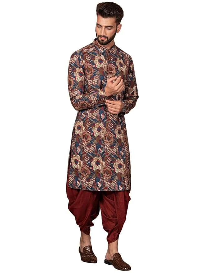 KISAH Men's Kurta Dhoti Set, Multi Cotton Blend, Printed Regular Fit Mandarin Collar Long Sleeves