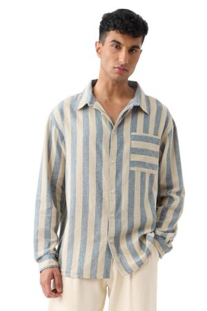 The Souled Store Cotton Linen Stripes: Coastal Men and Boys Long Sleeves Collared Neck Button Front Regular Fit Cotton Linen Shirts
