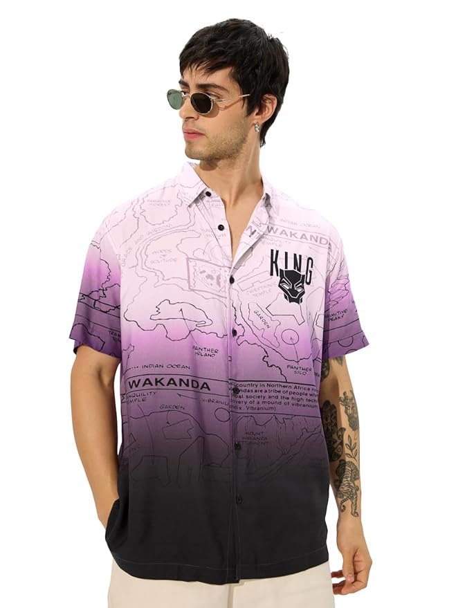 The Souled Store Official Black Panther: Map of Wakanda Men and Boys Short Sleeves Collared Neck Button Front All Over Printed Viscose Holiday Shirts