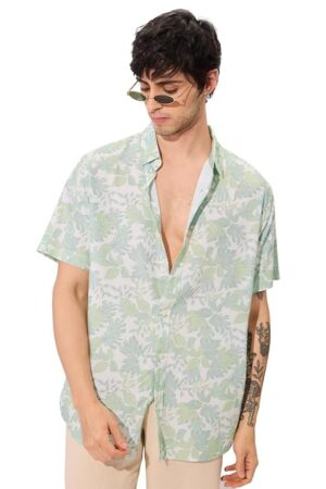 The Souled Store Botany Men and Boys Short Sleeves Collared Neck Button Front Green All Over Printed Rayon Holiday Shirts