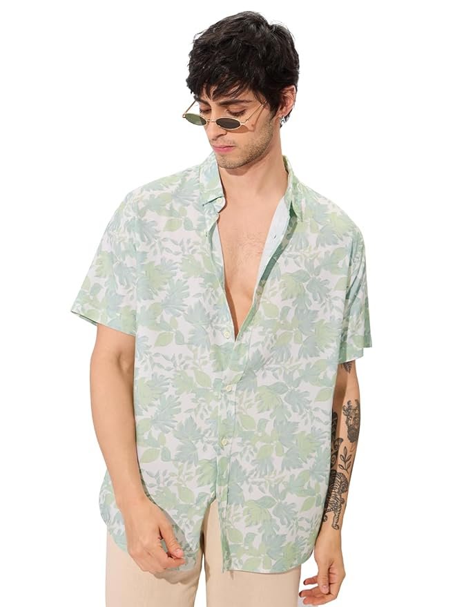 The Souled Store Botany Men and Boys Short Sleeves Collared Neck Button Front Green All Over Printed Rayon Holiday Shirts