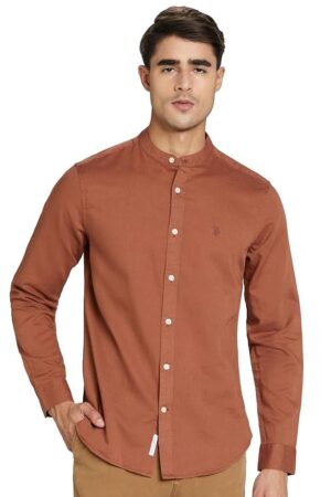 U.S. POLO ASSN. Men's Solid Cotton Linen Mandarin Collar Full Sleeve Shirts