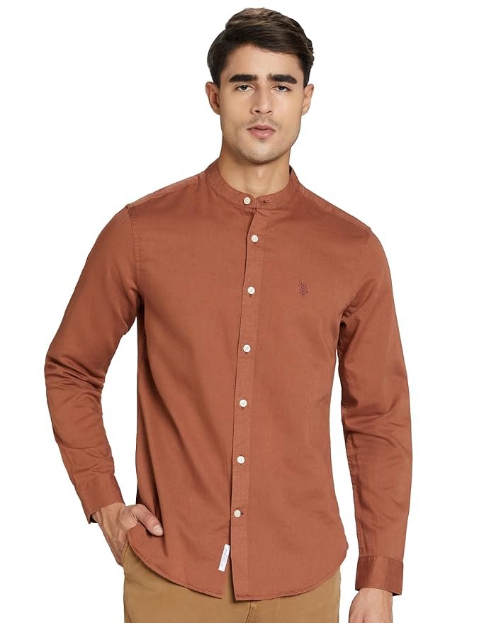 U.S. POLO ASSN. Men's Solid Cotton Linen Mandarin Collar Full Sleeve Shirts