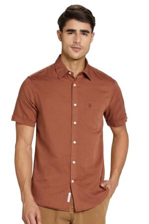 U.S. POLO ASSN. Men's Solid Cotton Linen Spread Collar Half Sleeve Shirts