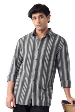 The Souled Store Cotton Linen Stripes: Horizon Men and Boys Long Sleeve Spread Collar Button Front Grey Striped Regular Fit Cotton Linen Shirts