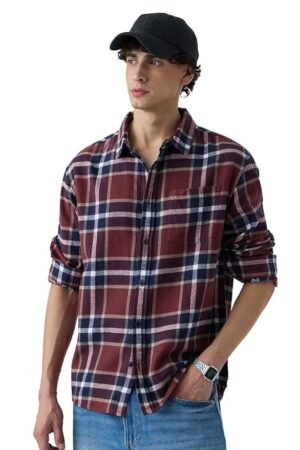 The Souled Store Plaid Shirt: Copper Men and Boys Long Sleeves Collared Neck Button Front Cotton Relaxed Fit Shirts