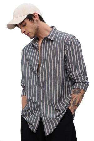 The Souled Store Cotton Linen Stripes: Azure Men and Boys Long Sleeves Collared Neck Button Front Regular Fit Cotton Linen Shirts