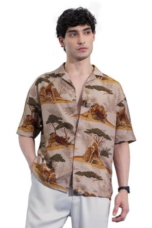 The Souled Store The Lion King: Kingdom Men and Boys Short Sleeves Collared Neck Button Front Brown All Over Printed Viscose Blend Regular Fit Holiday Shirts