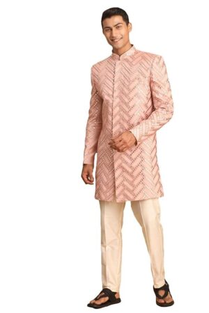 VASTRAMAY Men's Aqua Silk Blend Sherwani Set | Trend setting Men's Indowestern Style Mirror Work Sherwani.Comes with Pant Style Pyjama.