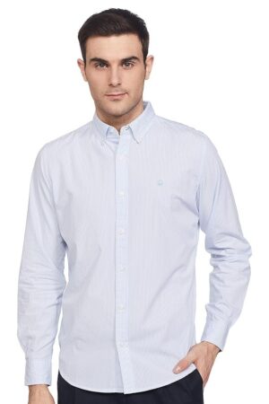 United Colors of Benetton Men's Cotton Striped Slim Shirt (5NS02U008I906_Sky Blue M)