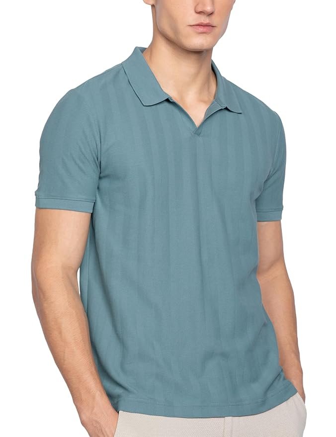 DAMENSCH Men's Statement Textured Regular Fit Polo T-Shirts | Premium Cotton, Herringbone Texture, Johnny Collar