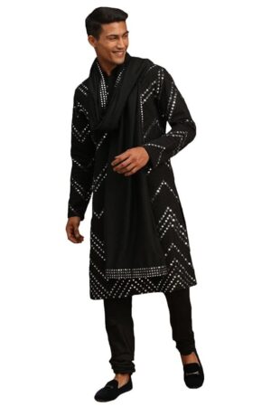 VASTRAMAY Men's Black Georgette Kurta and Pyjama Set | Mirror work Black Georgette Kurta With Pyjama and Dupatta