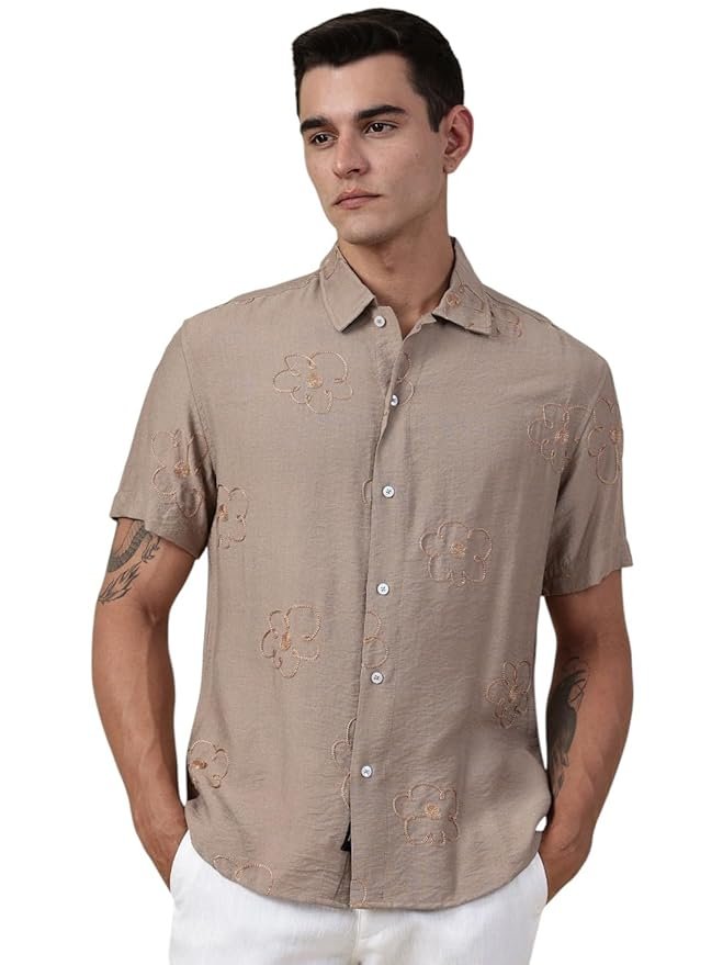 Thomas Scott Short Sleeve Embroderied Casual Shirt for Men